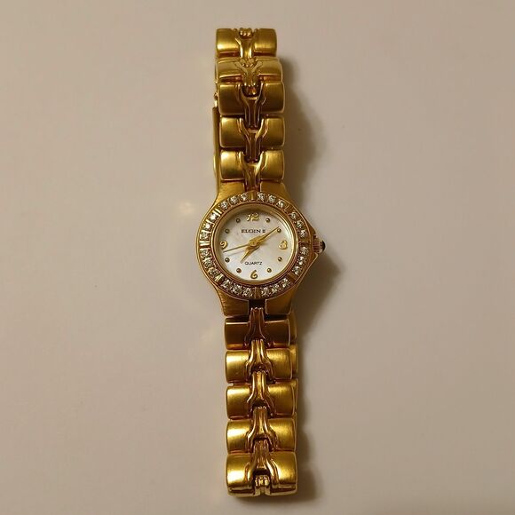 Vintage Elgin II Women's Gold Tone MOP Dial Rhinestone Bezel Quartz Watch - Picture 1 of 13